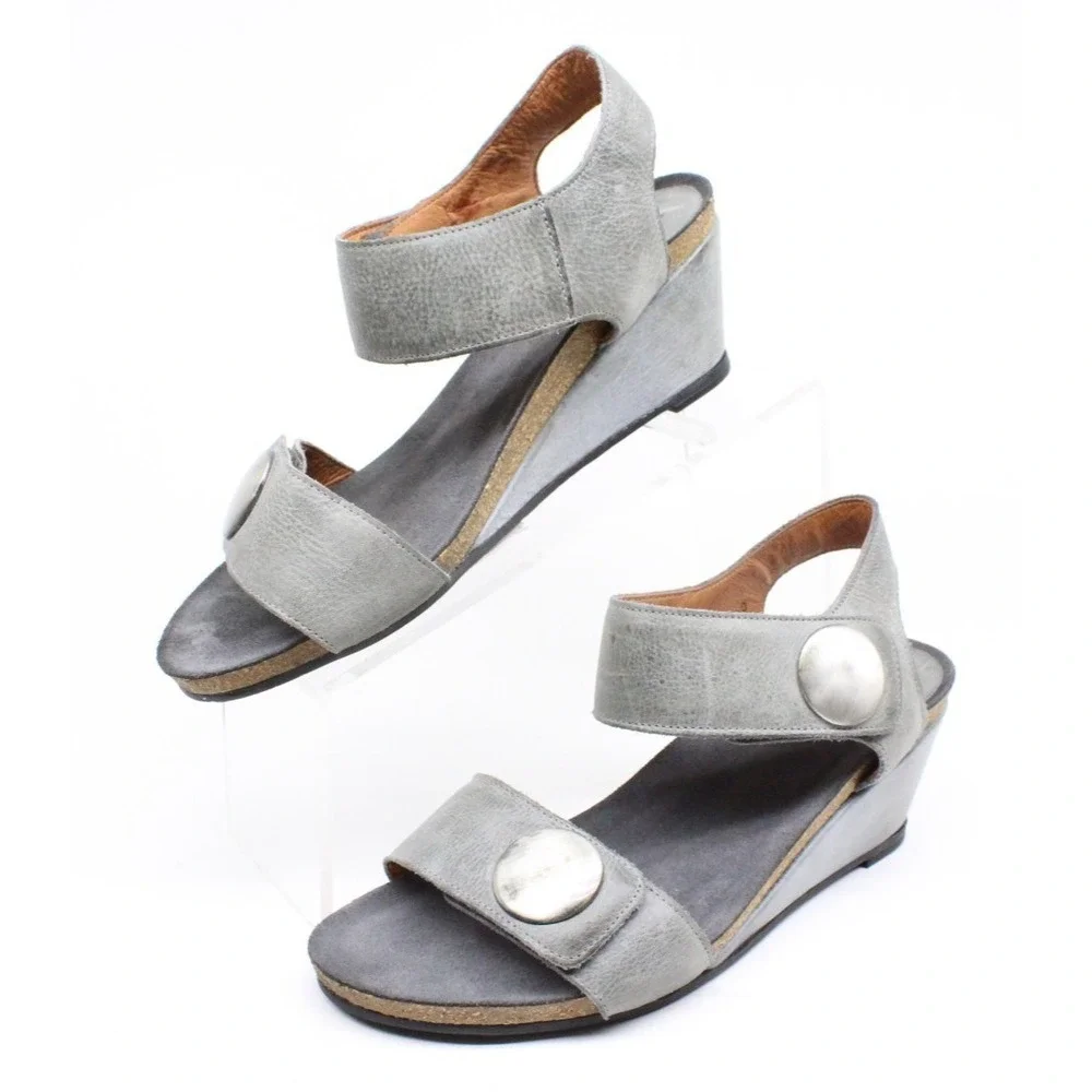 Taos Carousel 2 Grey Leather Wedge‎ Open Toe Slingback Sandal Womens 40 US 9-9.5